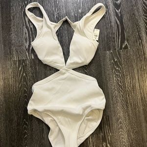 White V neck cutout one piece bathing suit